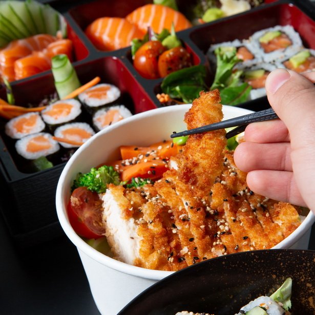Chicken katsu bowl and sushi rolls at IRO Sushi