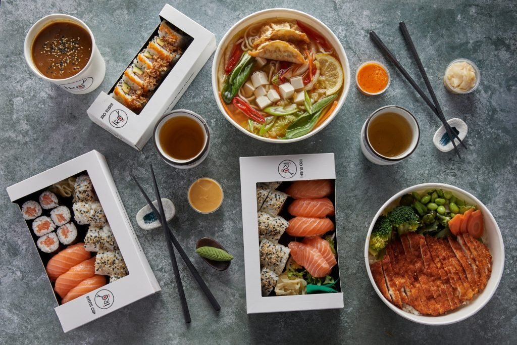 A spread of IRO Sushi rolls and Japanese dishes