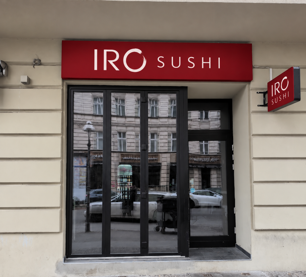 Concept mockup of the proposed IRO Sushi Charlottenburg sign on the actual Berlin storefront