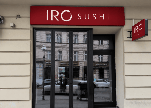 Concept mockup of the proposed IRO Sushi Charlottenburg sign on the actual Berlin storefront