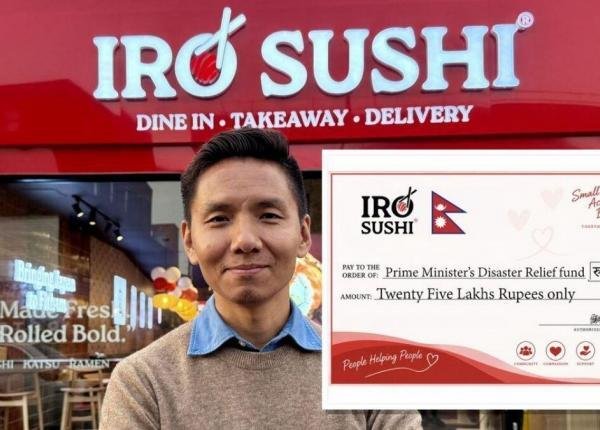 IRO Sushi founder Chhong Sherpa with the NPR 2.5 million cheque for Nepal's Prime Minister's Disaster Relief Fund