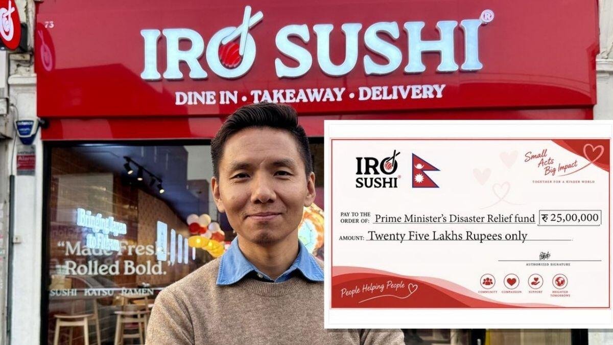 IRO Sushi founder Chhong Sherpa with the NPR 2.5 million cheque for Nepal's Prime Minister's Disaster Relief Fund